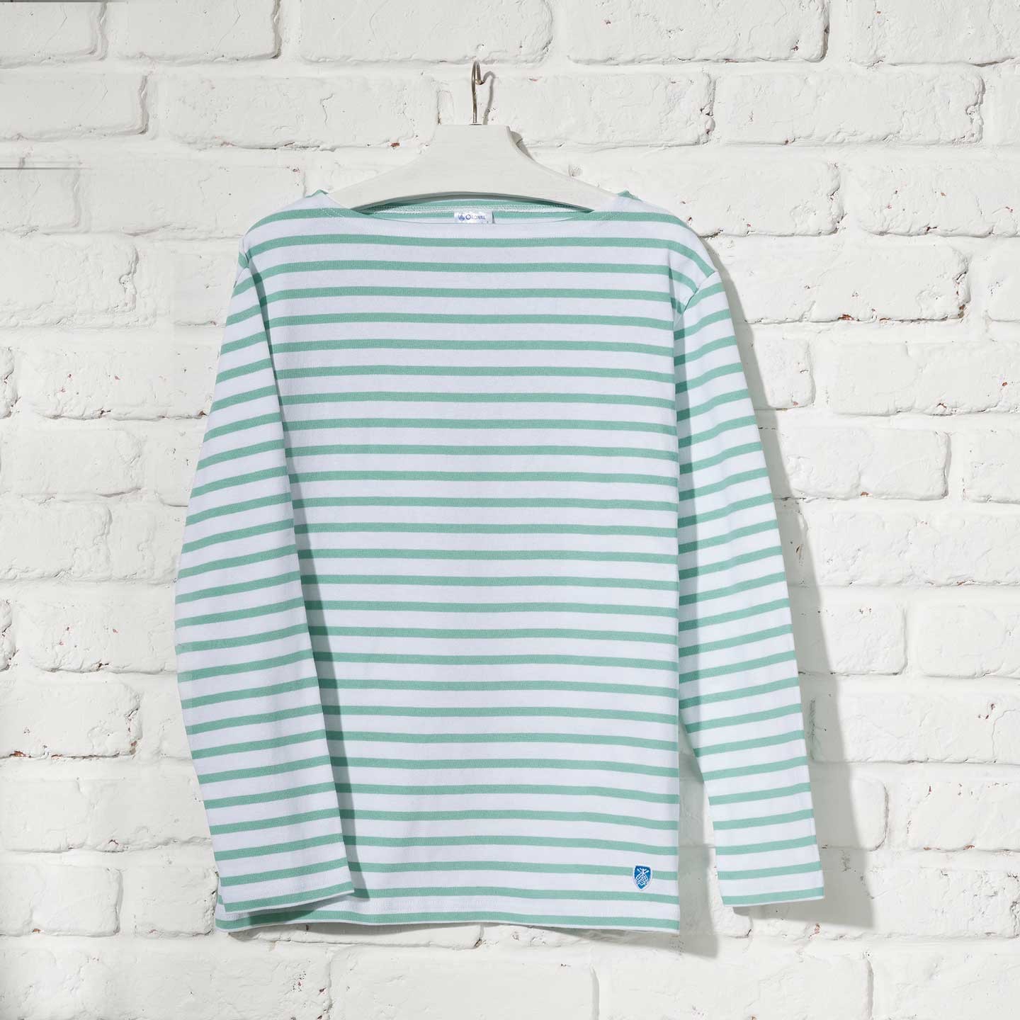Striped shirt White / Jade, unisex made in France Orcival