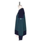 Round collar Striped cotton pullover Navy / Green