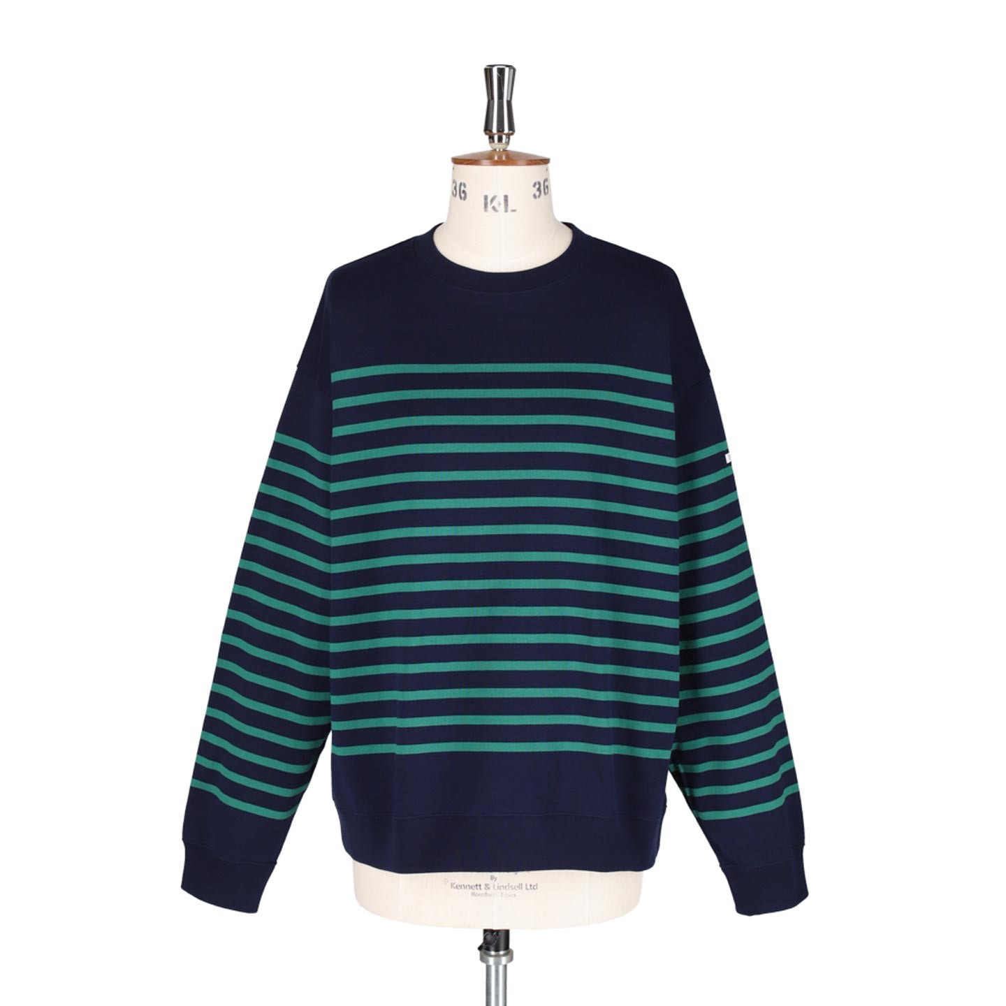 Pull coton rayé col rond Navy / green