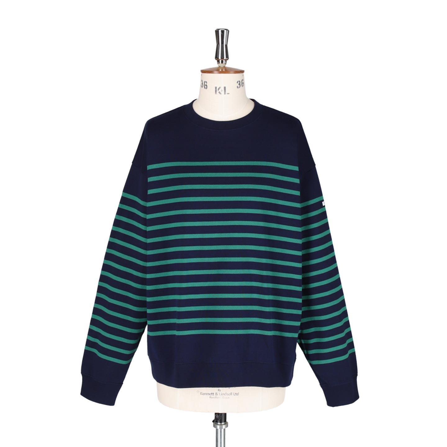 Round collar Striped cotton pullover Navy / Green