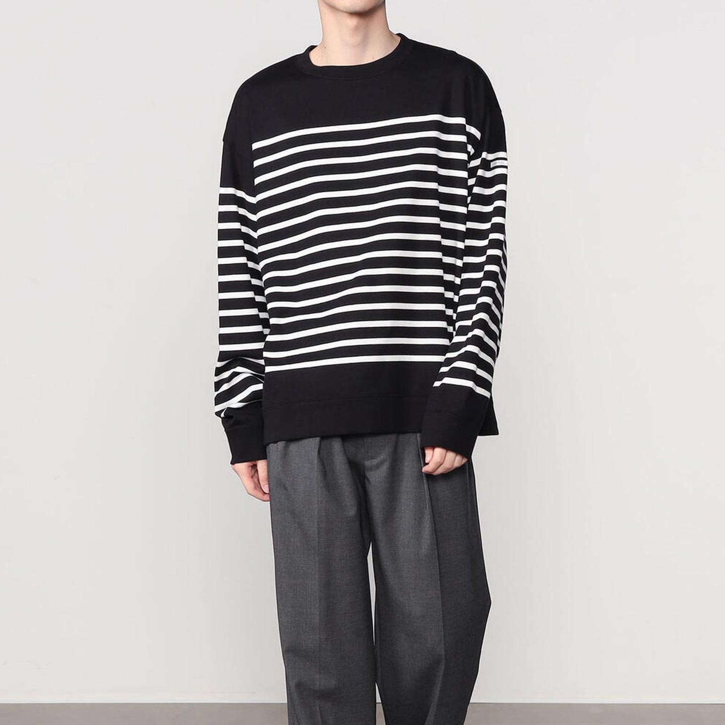 Round collar Striped cotton pullover Navy / White