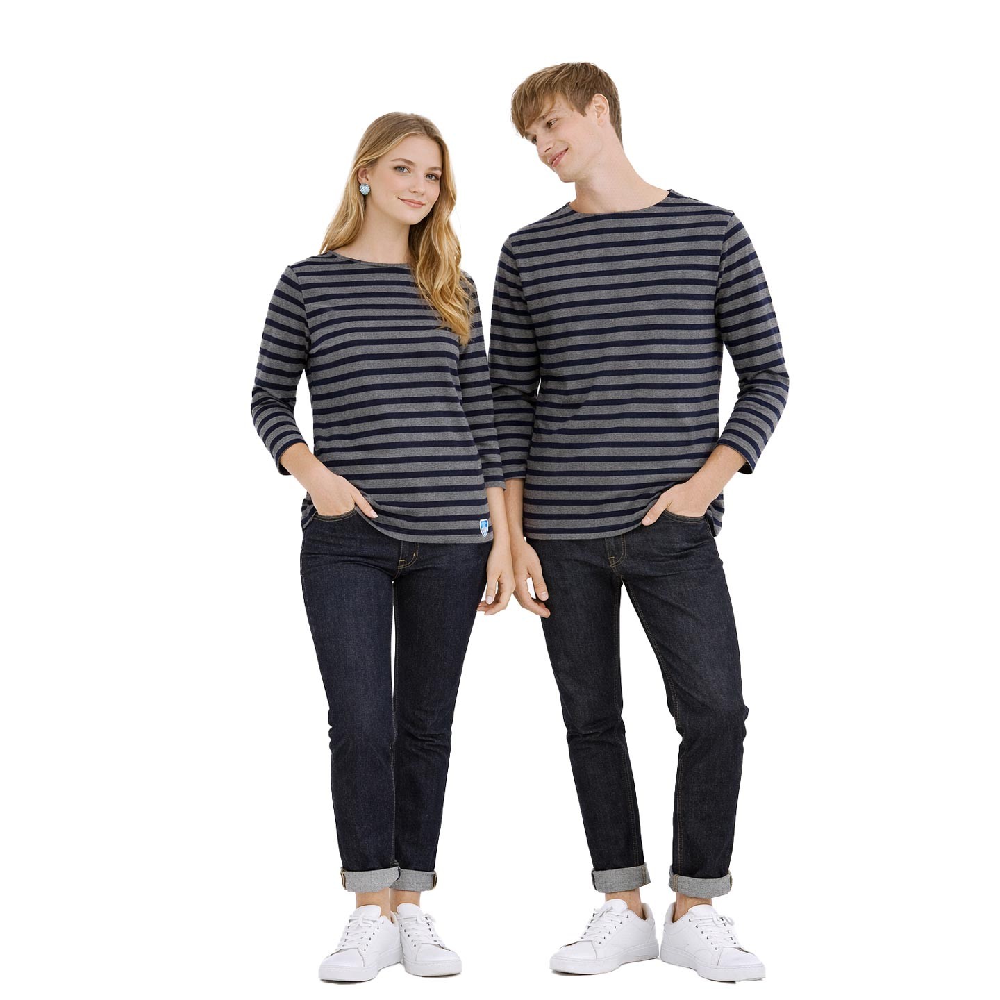 Marinière Gris Mélangé / Marine, mixte fabriquée en France Orcival