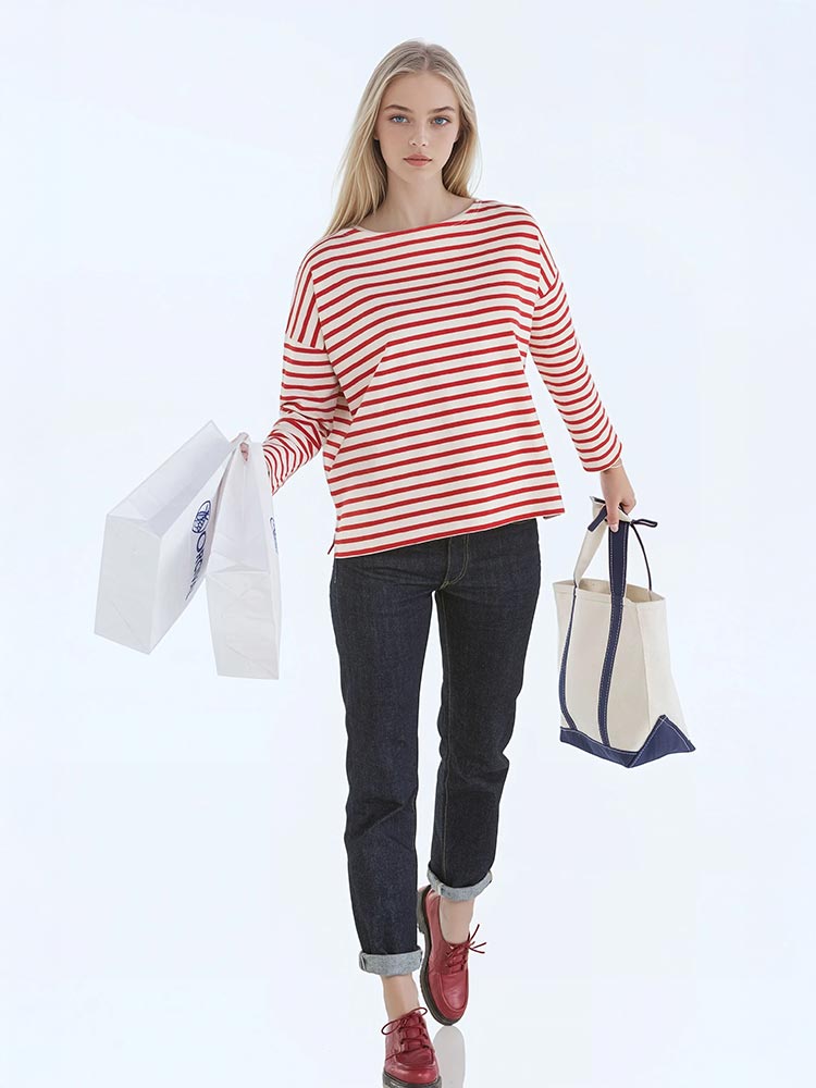 Drop-shoulders Ecru/Rouge Breton shirt in heavy cotton